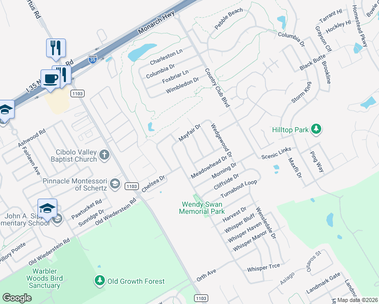 map of restaurants, bars, coffee shops, grocery stores, and more near 5005 Tiffany Lane in Schertz