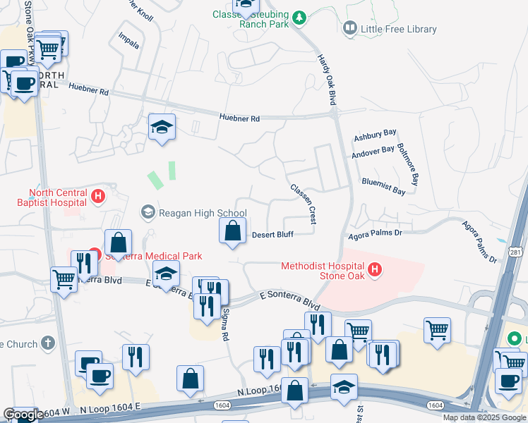 map of restaurants, bars, coffee shops, grocery stores, and more near 19235 Brannan Bluff in San Antonio