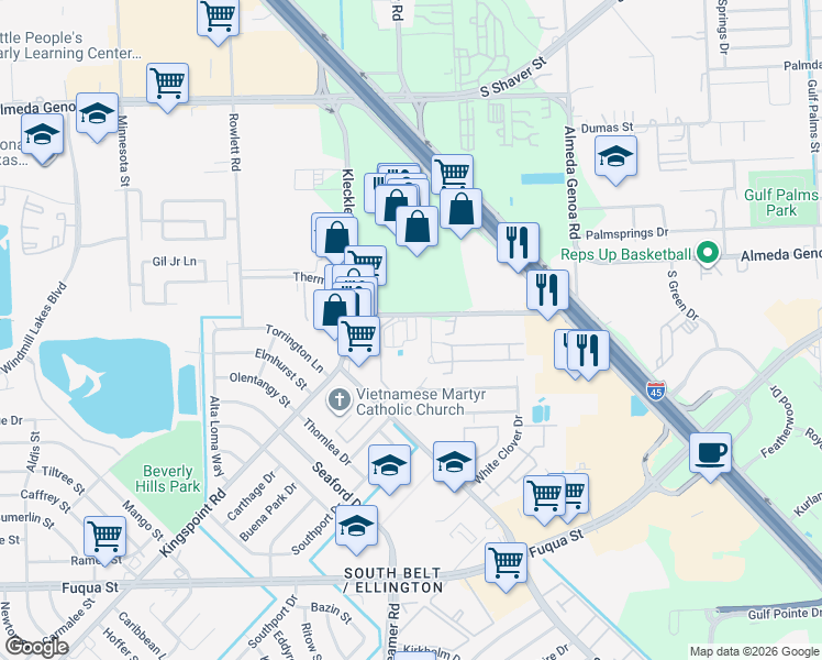 map of restaurants, bars, coffee shops, grocery stores, and more near 10896 Kingspoint Road in Houston
