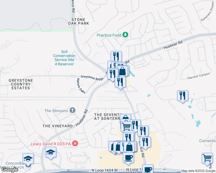 map of restaurants, bars, coffee shops, grocery stores, and more near 19110 Huebner Road in San Antonio