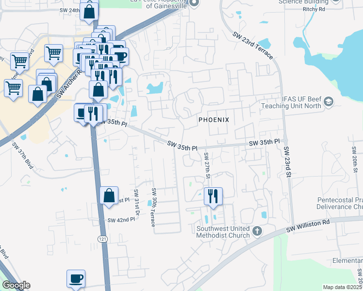 map of restaurants, bars, coffee shops, grocery stores, and more near 2600 Southwest 35th Place in Gainesville