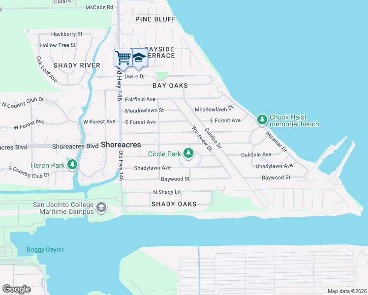 map of restaurants, bars, coffee shops, grocery stores, and more near 518 Shore Acres Boulevard in Harris County