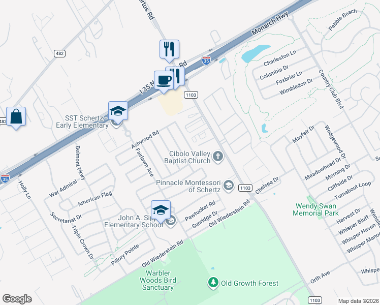 map of restaurants, bars, coffee shops, grocery stores, and more near 736 Hollow Ridge in Schertz