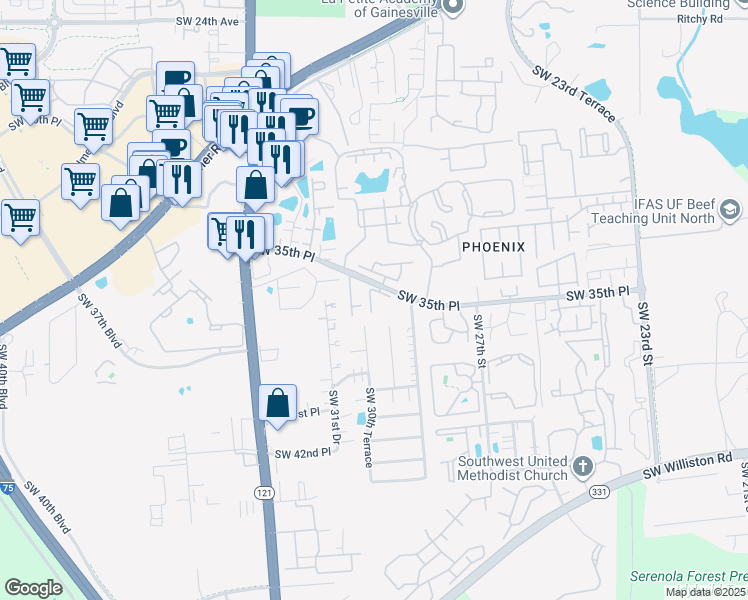 map of restaurants, bars, coffee shops, grocery stores, and more near 3521 Southwest 30th Way in Gainesville
