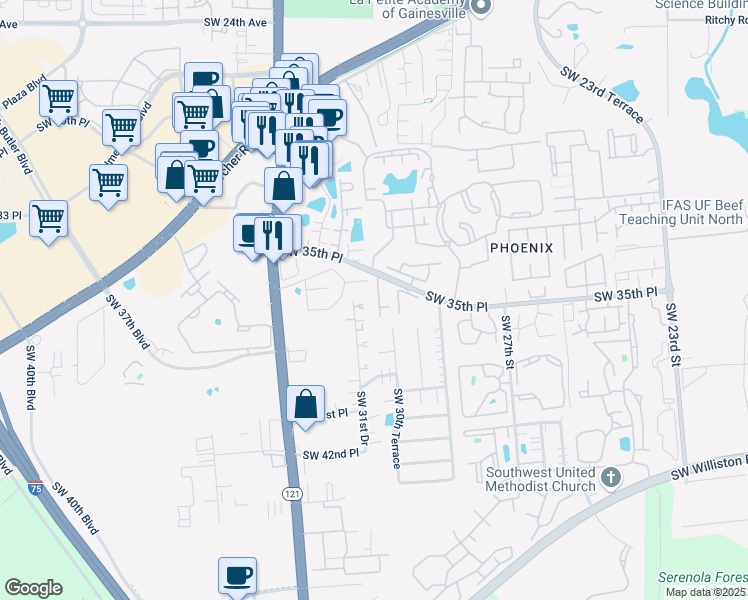 map of restaurants, bars, coffee shops, grocery stores, and more near 3552 Southwest 30th Way in Gainesville