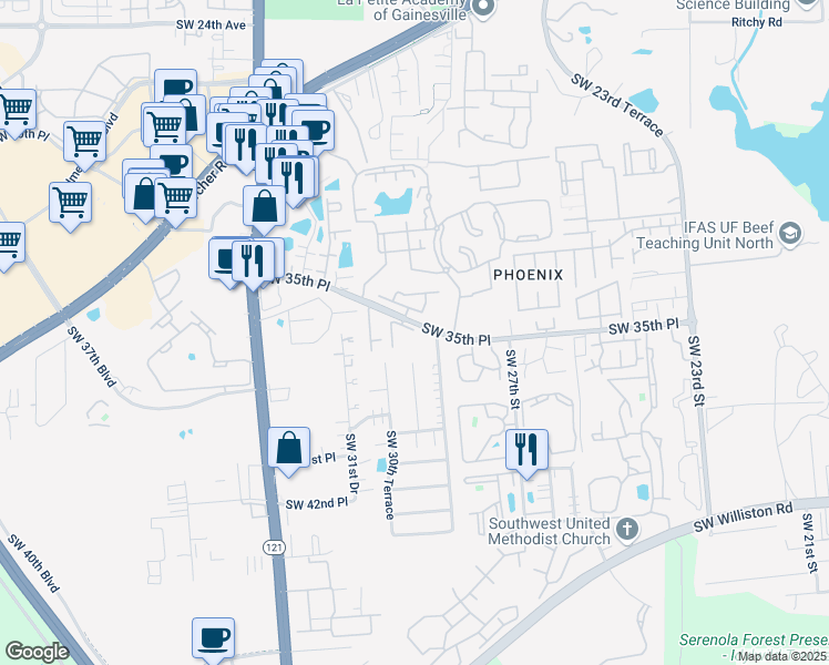 map of restaurants, bars, coffee shops, grocery stores, and more near 102 Northwest 35th Street in Gainesville