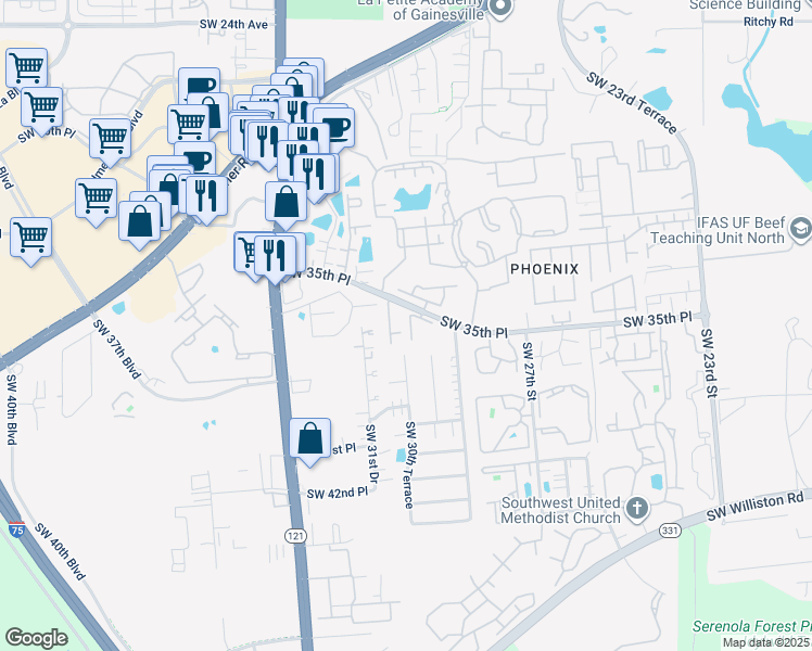 map of restaurants, bars, coffee shops, grocery stores, and more near 3521 Southwest 30th Way in Gainesville