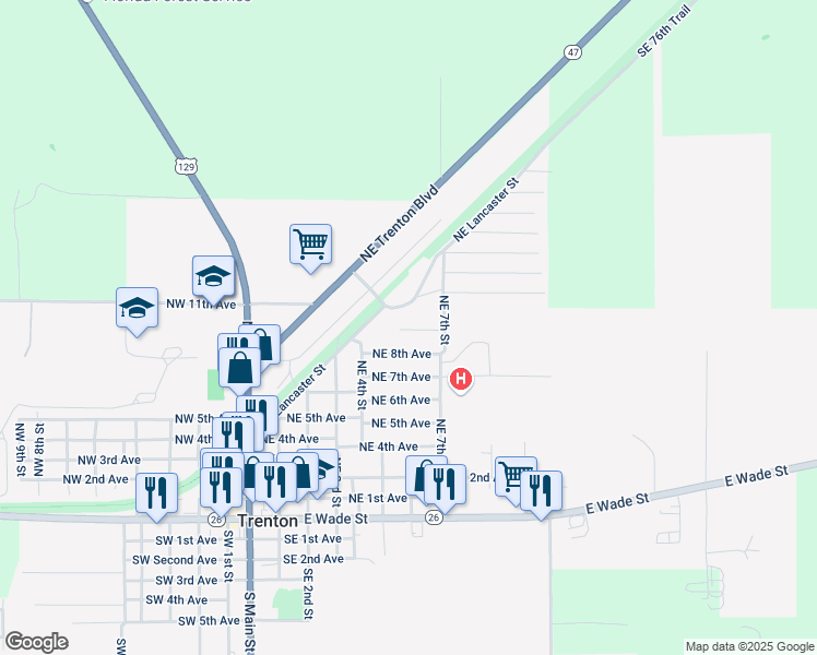 map of restaurants, bars, coffee shops, grocery stores, and more near 702 Southwest 10th Street in Trenton