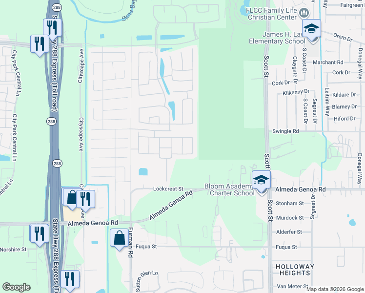 map of restaurants, bars, coffee shops, grocery stores, and more near Swingle Road in Houston