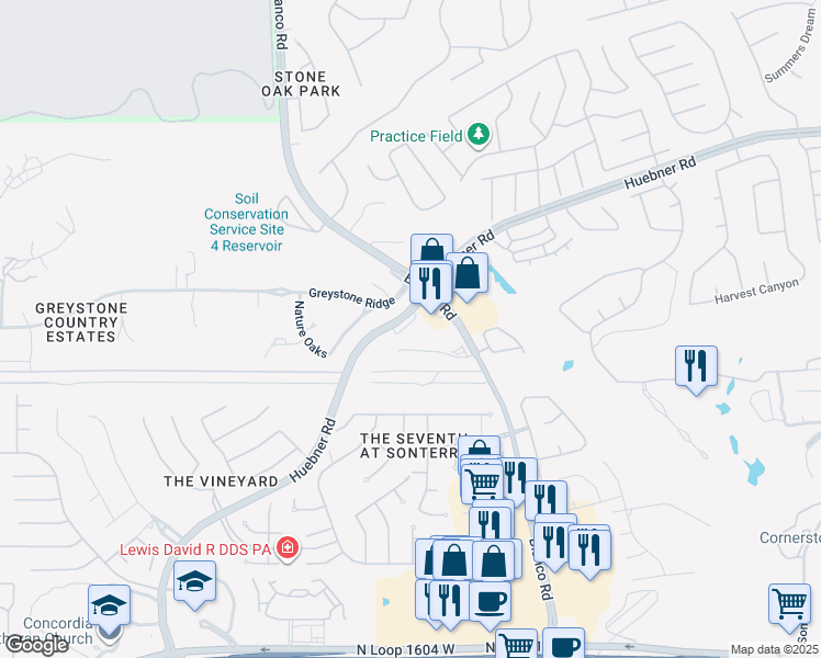 map of restaurants, bars, coffee shops, grocery stores, and more near 1106 Greystone Ridge in San Antonio