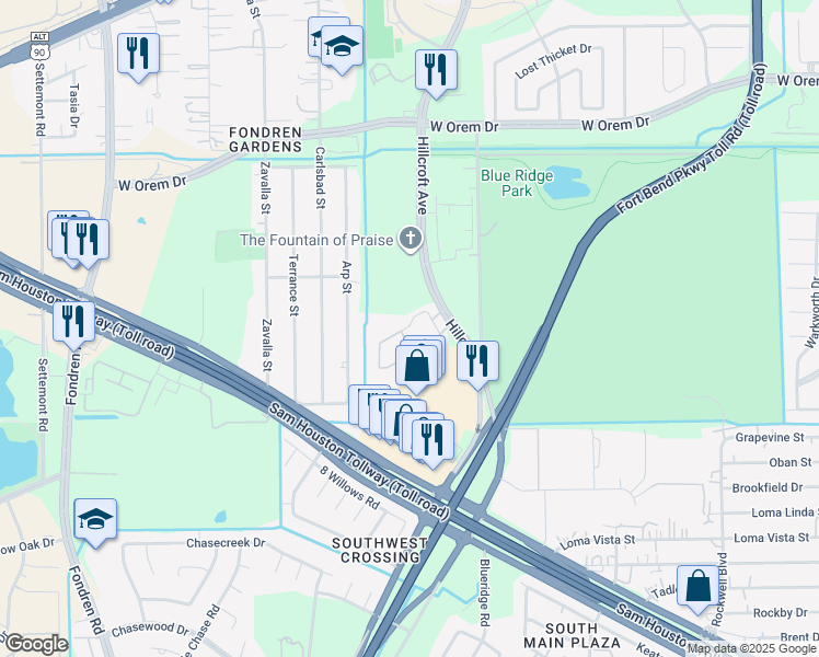 map of restaurants, bars, coffee shops, grocery stores, and more near 13960 Hillcroft Street in Houston