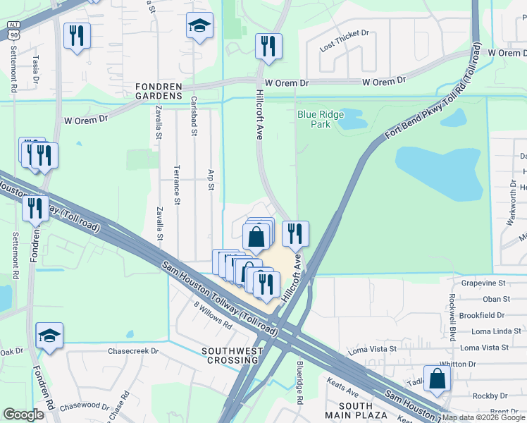 map of restaurants, bars, coffee shops, grocery stores, and more near 13960 Hillcroft Street in Houston