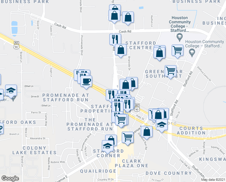 map of restaurants, bars, coffee shops, grocery stores, and more near FM 1092 Road in Stafford