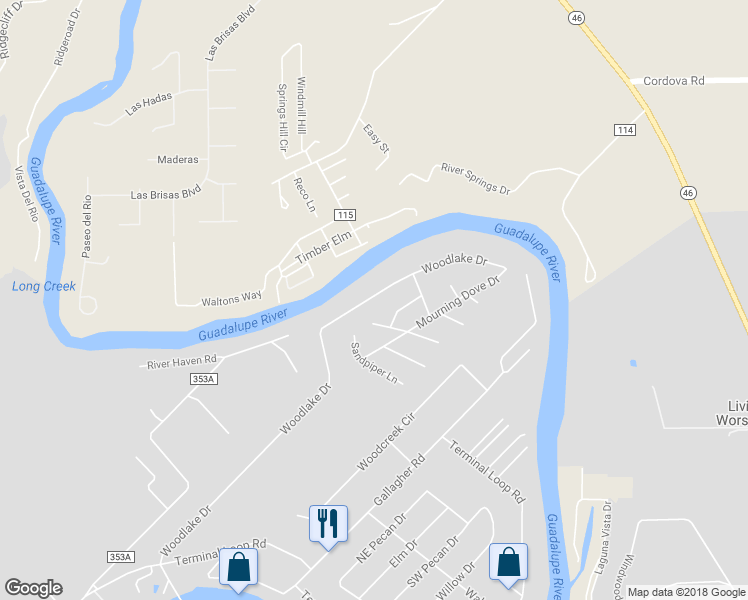 map of restaurants, bars, coffee shops, grocery stores, and more near 531 Woodlake Drive in McQueeney