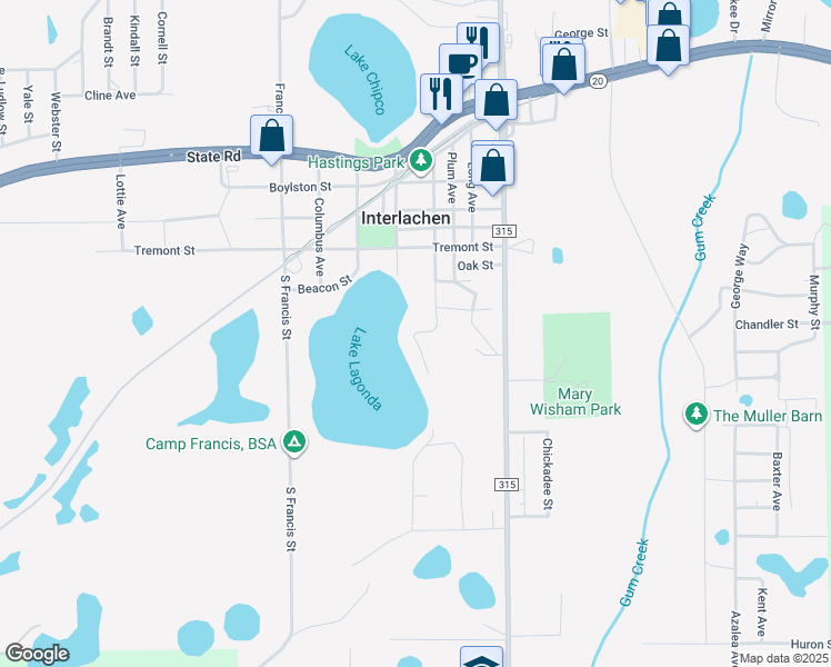 map of restaurants, bars, coffee shops, grocery stores, and more near in Interlachen