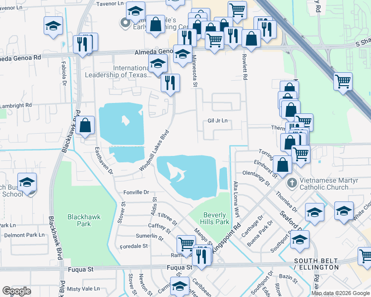 map of restaurants, bars, coffee shops, grocery stores, and more near 10121 Windmill Lakes Boulevard in Houston