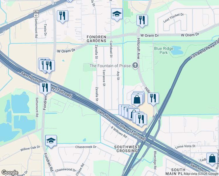 map of restaurants, bars, coffee shops, grocery stores, and more near 12726 Carlsbad Street in Houston