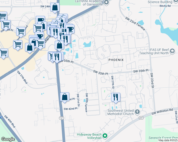map of restaurants, bars, coffee shops, grocery stores, and more near 102 Northwest 35th Street in Gainesville