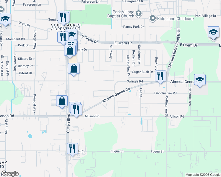 map of restaurants, bars, coffee shops, grocery stores, and more near 13018 Pembroke Street in Houston