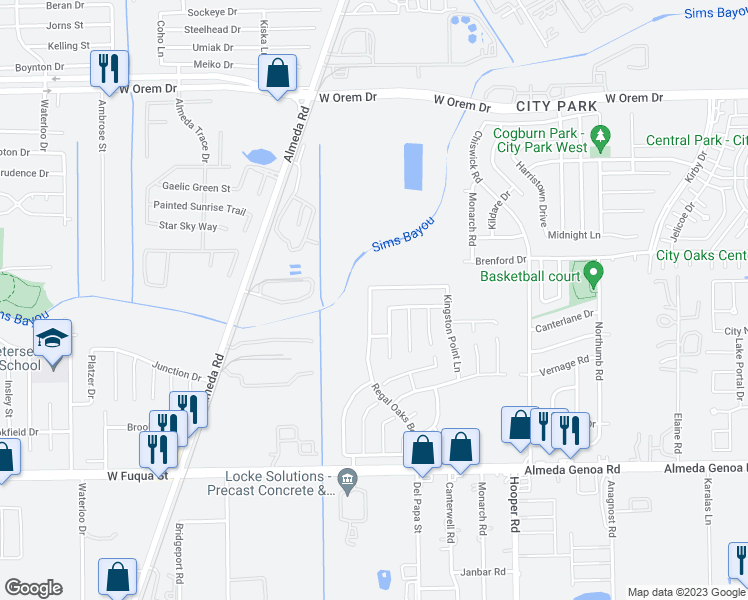 map of restaurants, bars, coffee shops, grocery stores, and more near 12823 Regal Oaks Bend Lane in Houston
