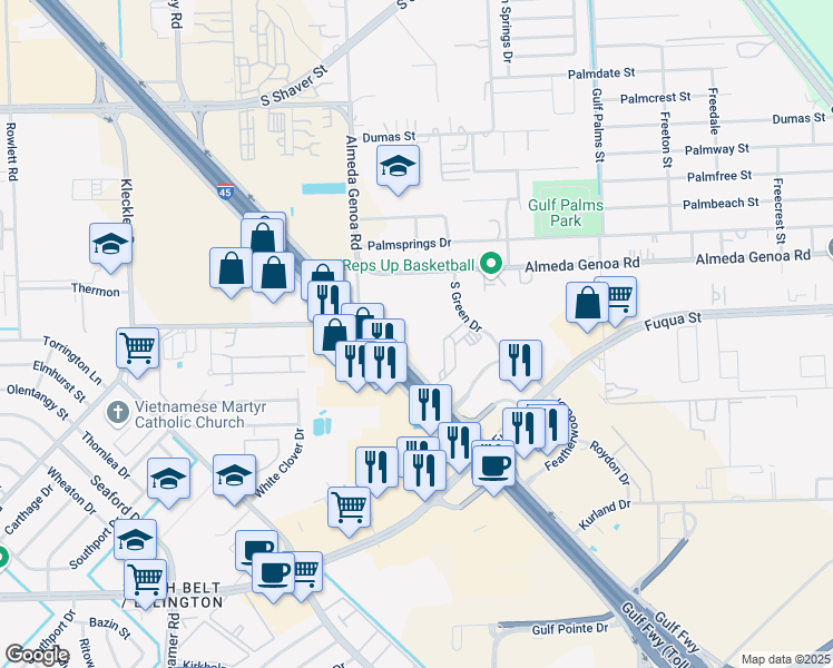 map of restaurants, bars, coffee shops, grocery stores, and more near 12333 Gulf Freeway in Houston