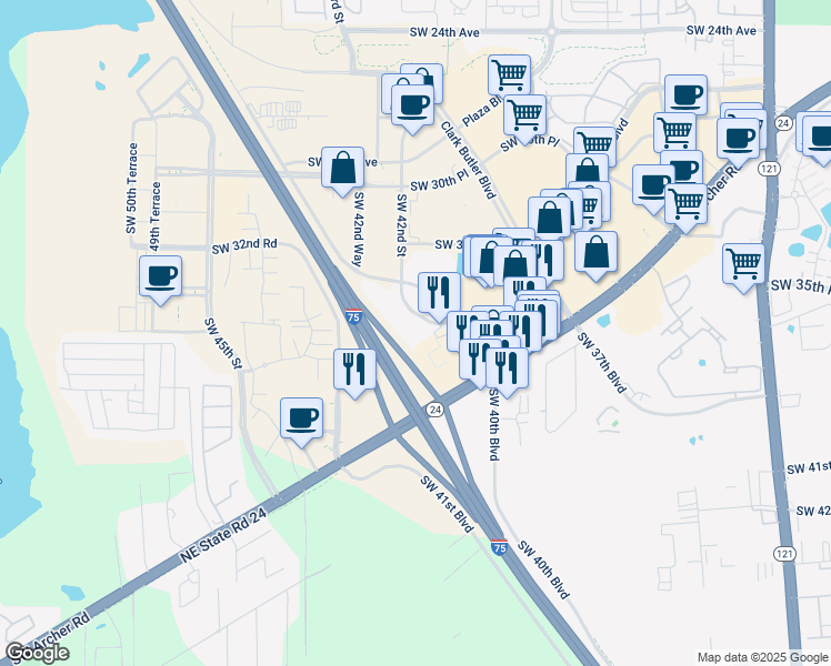 map of restaurants, bars, coffee shops, grocery stores, and more near 3700 Southwest 42nd Street in Gainesville