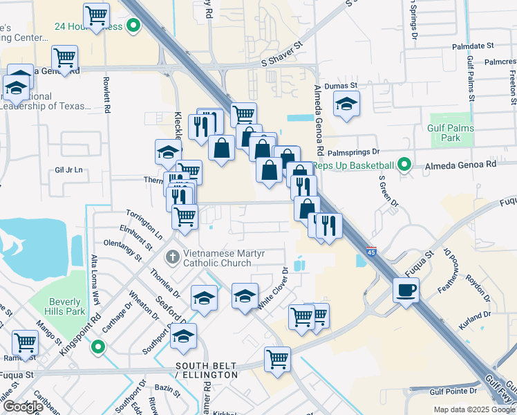 map of restaurants, bars, coffee shops, grocery stores, and more near 11065-11097 Kingspoint Road in Houston