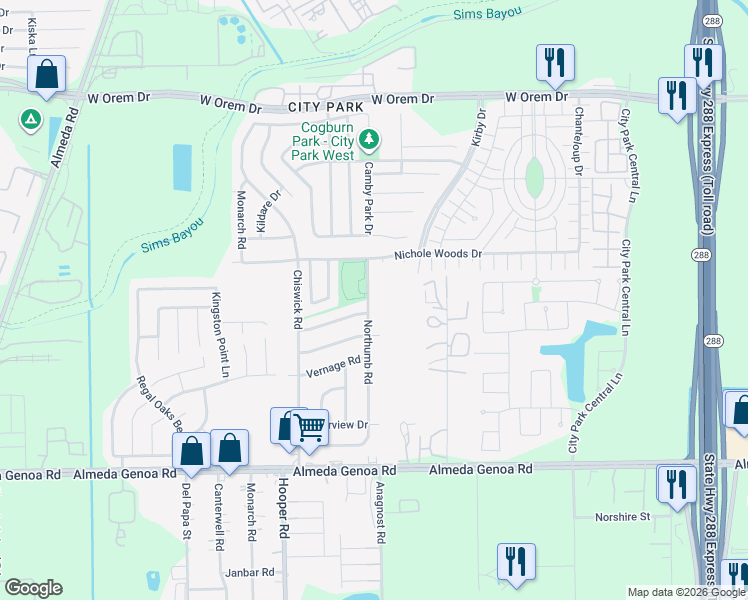 map of restaurants, bars, coffee shops, grocery stores, and more near 12821 Northumb Road in Houston