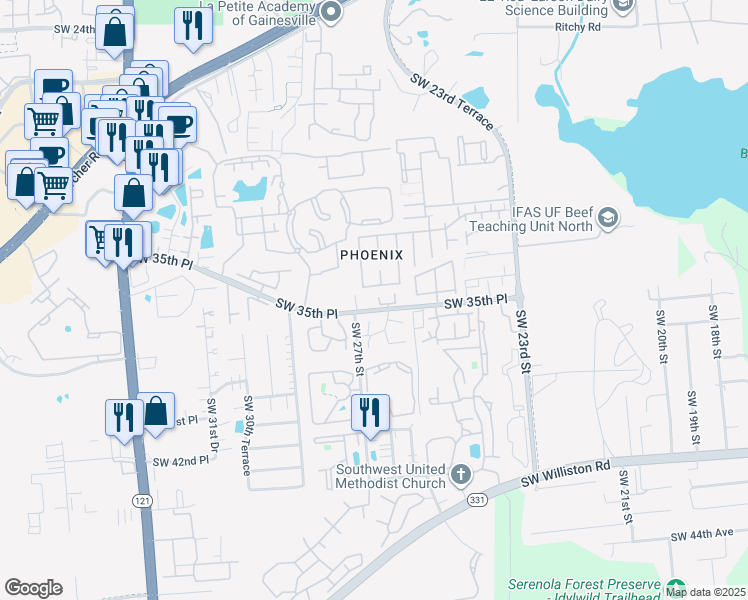map of restaurants, bars, coffee shops, grocery stores, and more near 2631 Southwest 33 Place in Gainesville