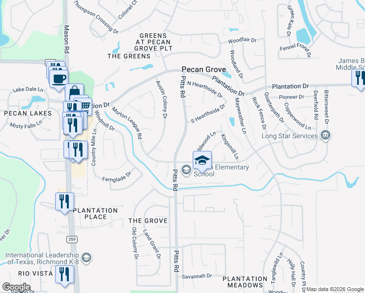 map of restaurants, bars, coffee shops, grocery stores, and more near 1810 Pitts Road in Richmond