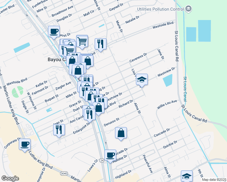 map of restaurants, bars, coffee shops, grocery stores, and more near Harvey Avenue in Bayou Cane