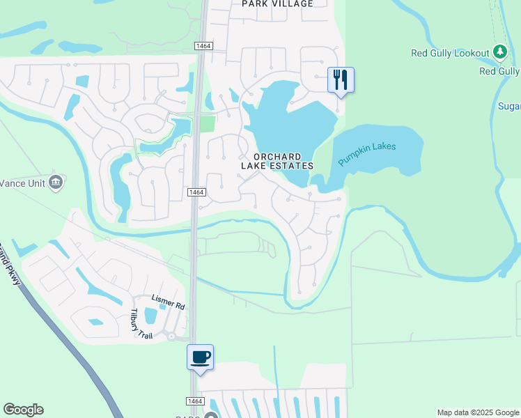 map of restaurants, bars, coffee shops, grocery stores, and more near 13422 Schumann Trail in Sugar Land
