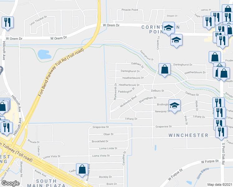 map of restaurants, bars, coffee shops, grocery stores, and more near 6349 Paddington Street in Houston