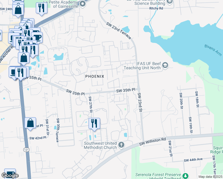map of restaurants, bars, coffee shops, grocery stores, and more near 2508 Southwest 35th Place in Gainesville