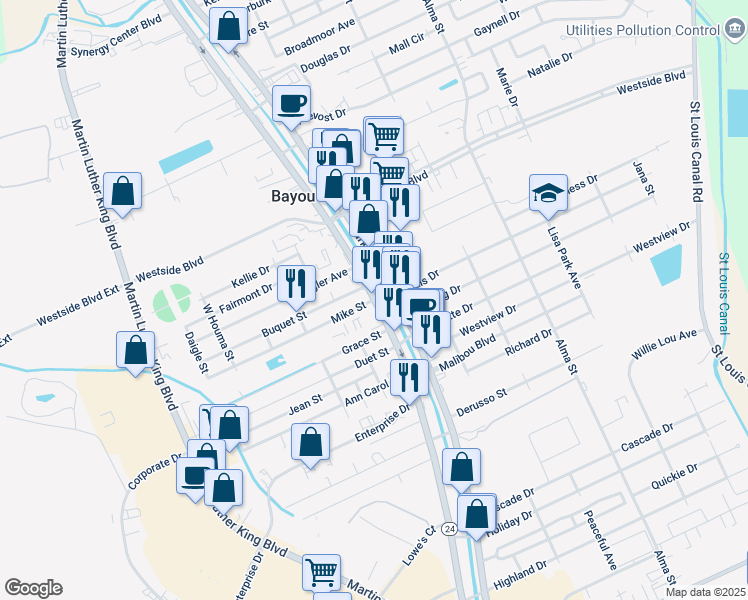 map of restaurants, bars, coffee shops, grocery stores, and more near 101 Mike Street in Houma