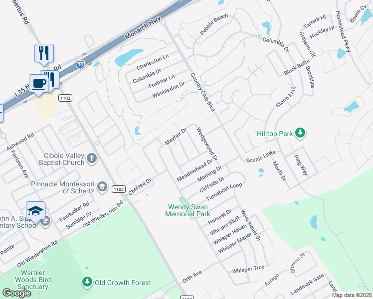 map of restaurants, bars, coffee shops, grocery stores, and more near 5005 Tiffany Lane in Schertz
