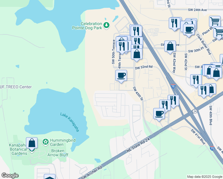 map of restaurants, bars, coffee shops, grocery stores, and more near 3593 Southwest 51 Way in Gainesville