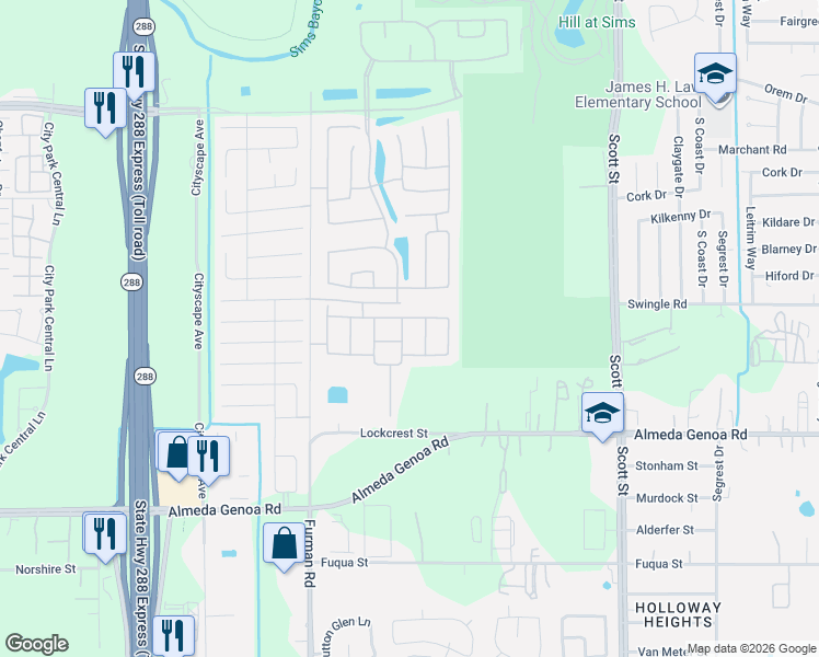 map of restaurants, bars, coffee shops, grocery stores, and more near Swingle Road in Houston