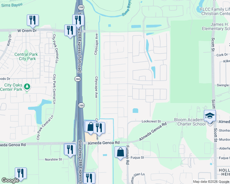 map of restaurants, bars, coffee shops, grocery stores, and more near 2662 Skyview Glen Court in Houston