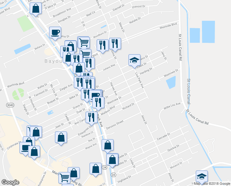 map of restaurants, bars, coffee shops, grocery stores, and more near 198 Everette Drive in Houma
