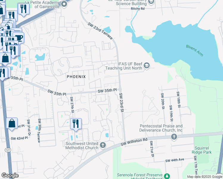 map of restaurants, bars, coffee shops, grocery stores, and more near 2330 Southwest 35th Place in Gainesville