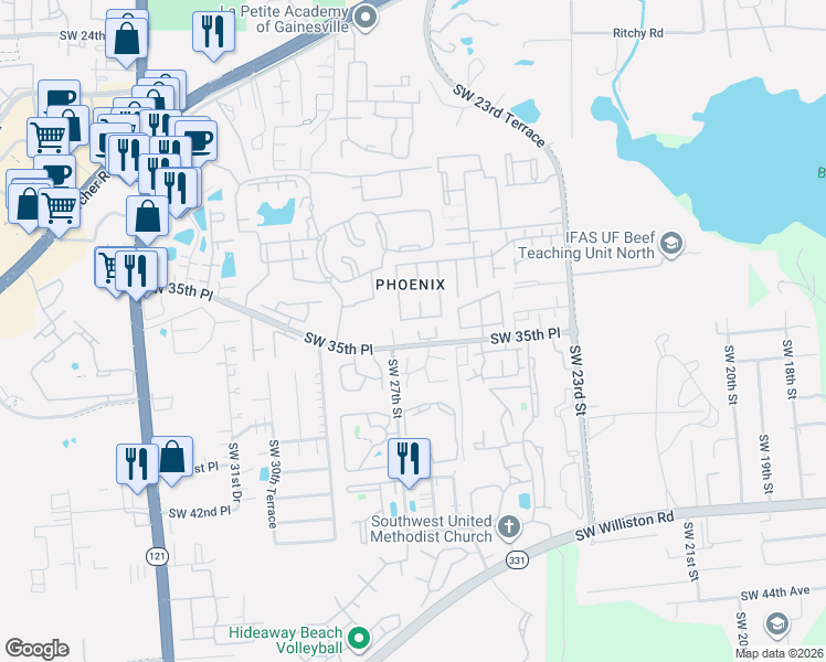 map of restaurants, bars, coffee shops, grocery stores, and more near 2636 Southwest 35th Place in Gainesville