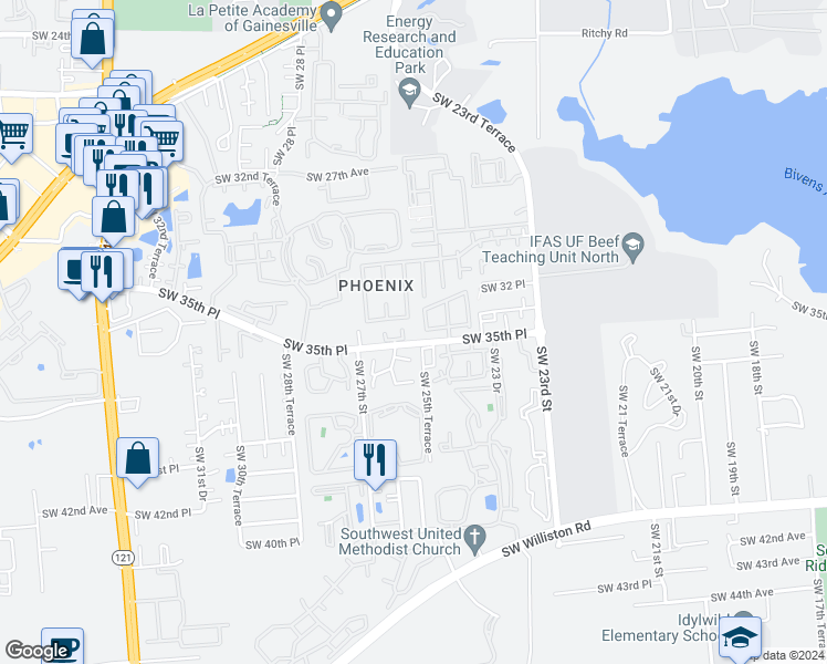 map of restaurants, bars, coffee shops, grocery stores, and more near 2605 Southwest 33 Place in Gainesville