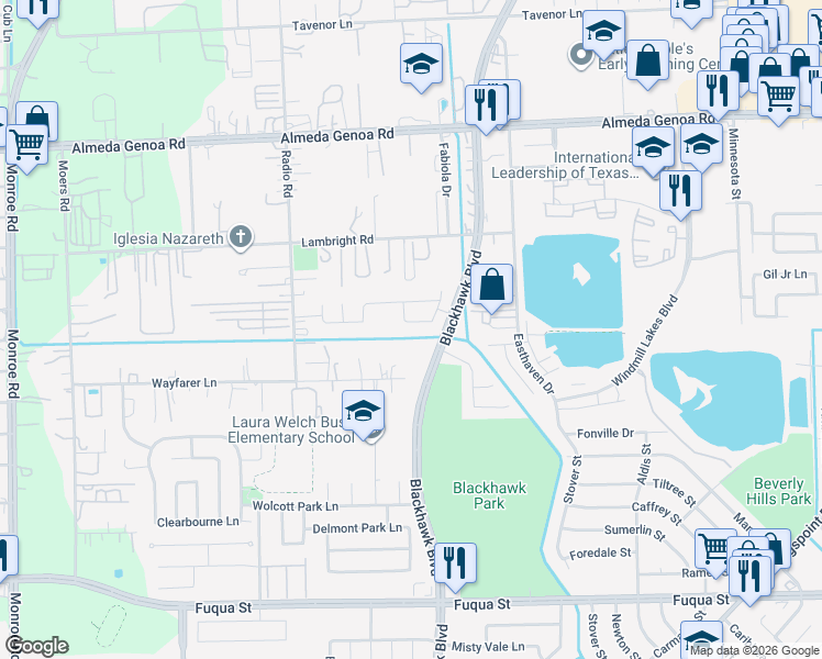 map of restaurants, bars, coffee shops, grocery stores, and more near 9206 Quercus Circle in Houston