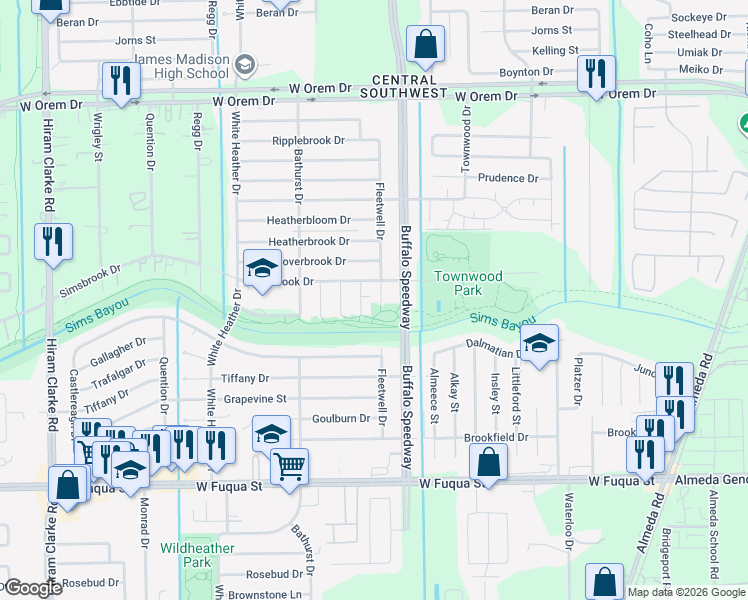 map of restaurants, bars, coffee shops, grocery stores, and more near 14211 Fleetwell Drive in Houston