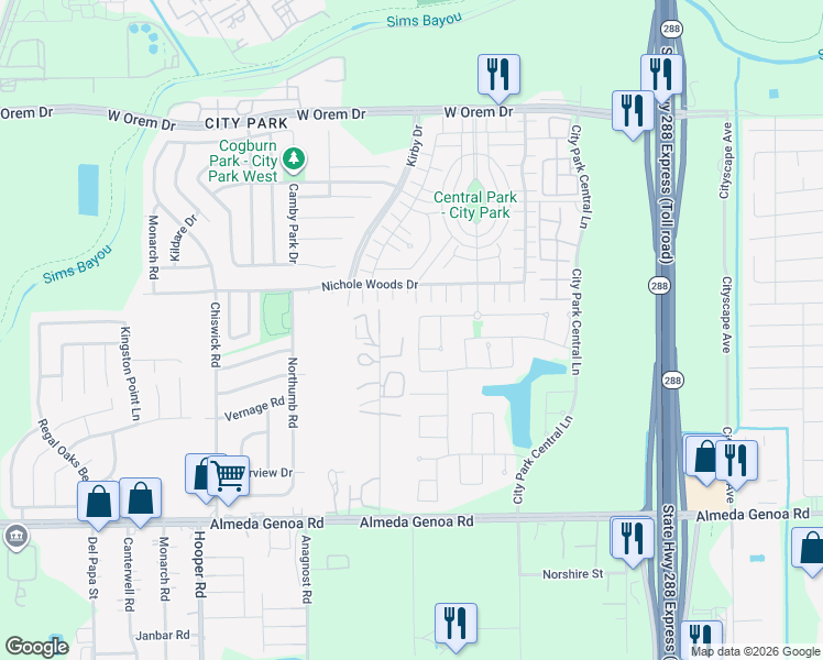 map of restaurants, bars, coffee shops, grocery stores, and more near 12108 City Trek Lane in Houston