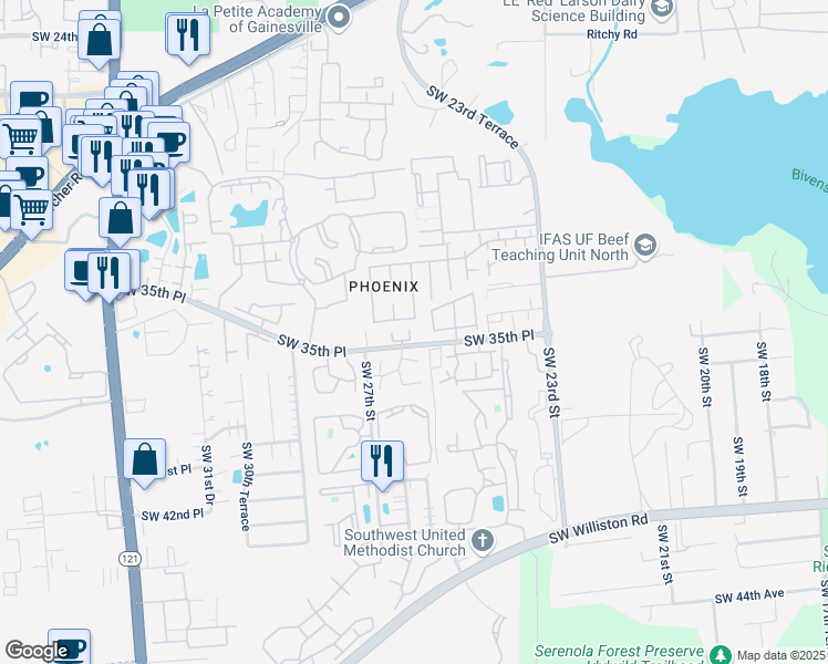 map of restaurants, bars, coffee shops, grocery stores, and more near 2636 Southwest 35th Place in Gainesville