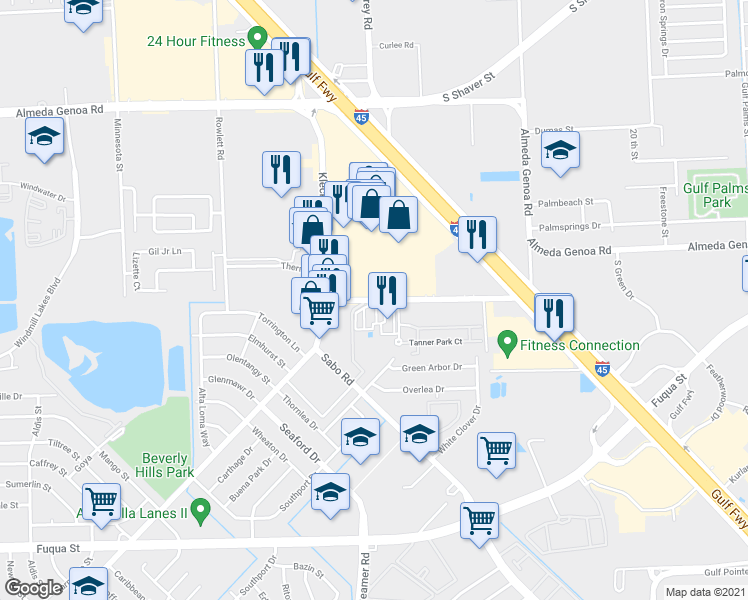 map of restaurants, bars, coffee shops, grocery stores, and more near 10896 Kingspoint Road in Houston