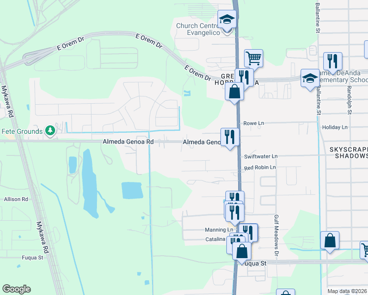 map of restaurants, bars, coffee shops, grocery stores, and more near 7418 Almeda Genoa Road in Houston