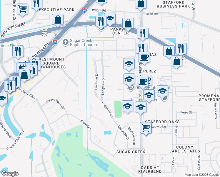map of restaurants, bars, coffee shops, grocery stores, and more near 3106 Briar Court in Sugar Land